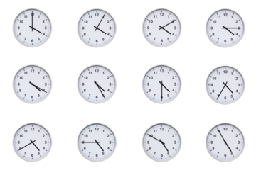 Set of wall clocks with silver frames and clean white faces, each displaying time at 5 minute intervals from 03:00 to 03:55 or 15:00 to 15:55. Ideal for visualizing concepts like time tracking, routin