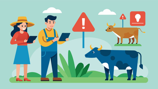 Farmers are notified of any unusual or abnormal behavior in their livestock via digital alerts allowing for immediate action to be taken.. Vector illustration