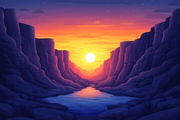 Scenic Sunset Over Canyon and River. A Tranquil Artistic Rendering of Nature's Vibrant Colors
