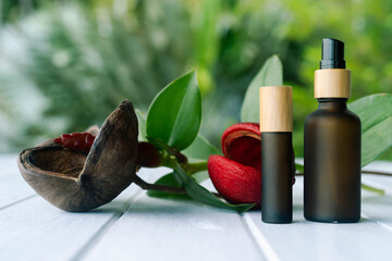 Two elegant cosmetic bottles with a pipette are placed on a wooden surface surrounded by greenery.