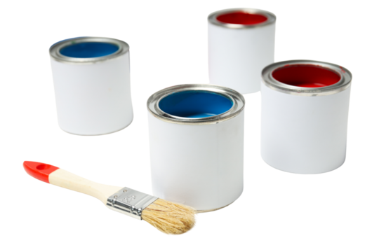 Four paint cans with vibrant colors and a brush, isolated on white, PNG