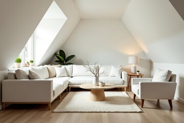 Naklejka premium Cozy white attic living room with corner sofa, armchairs, and soft lighting, interior design, white, armchair