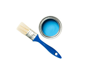 Bright blue paint can and brush for home art projects, isolated on white, PNG