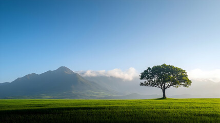 Solitude Of Single Green Tree Against A Foggy Mountain View