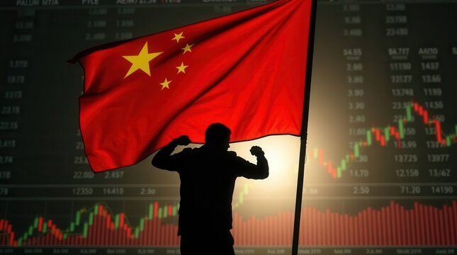 Silhouette with Chinese flag and stock market background.