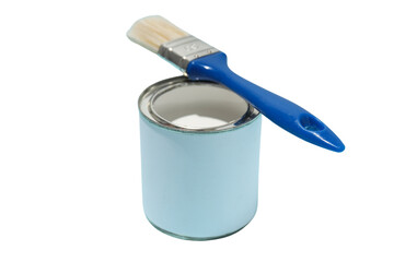 Blue paint can with a brush on its rim, isolated on white, PNG