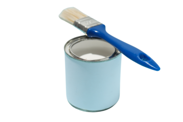 Blue paint can with a brush on its rim, isolated on white, PNG