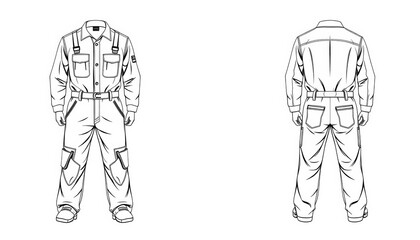 Flat sketch of long-sleeve mechanic coveralls; front and back views Technical drawing style, vector template, mechanics, vector