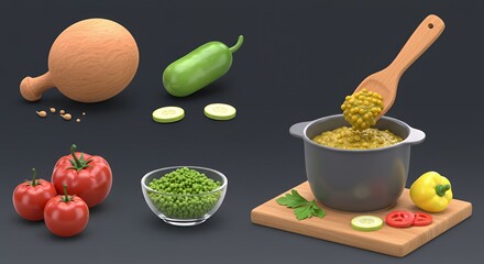 Low Poly 3D Render of Vegetables and Stew on Dark Background
