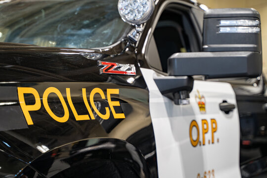 Ontario Provincial Police car at the 2025 Canadian International AutoShow. Toronto, Canada - February 19, 2025.