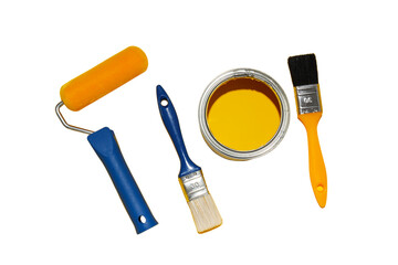 Painting tools: brushes and yellow paint isolated on white, PNG
