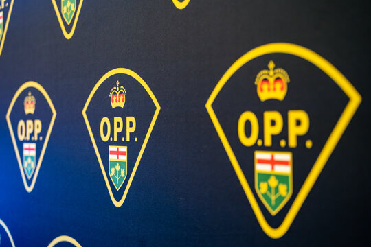 Ontario Provincial Police logo display. Toronto, Canada - February 19, 2025.