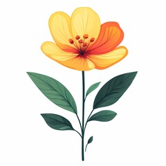 Vibrant Yellow and Orange Tropical Flower Illustration. Modern Botanical Art with Colorful Spring Petals and Leaves