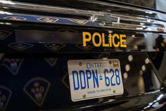 Ontario Provincial Police car at the 2025 Canadian International AutoShow. Toronto, Canada - February 19, 2025.