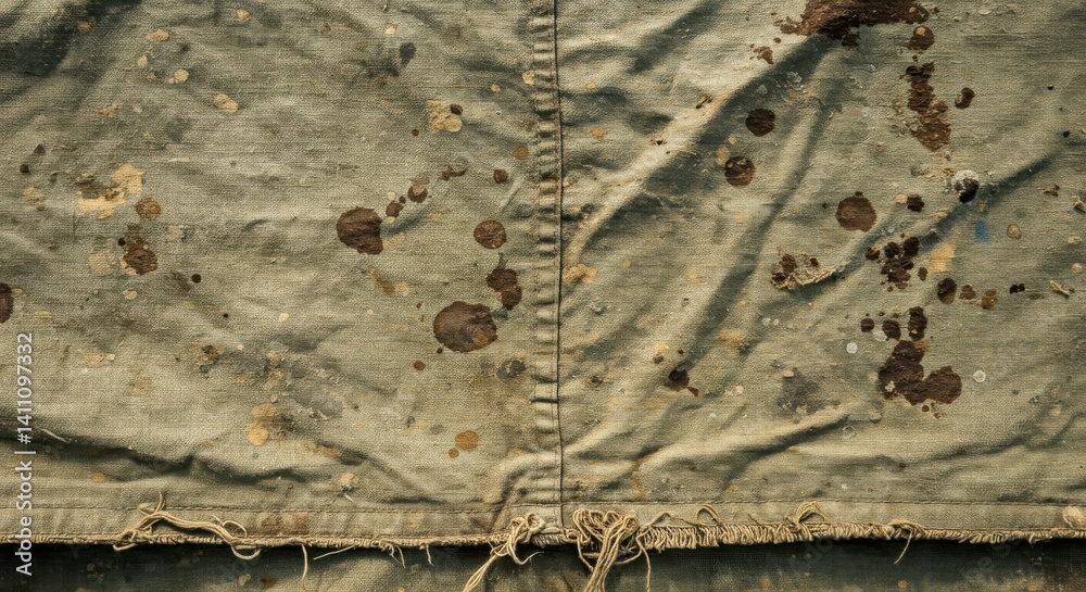 Poster Close up of a green canvas tarp with paint splatters and fraying edges