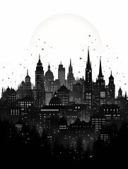 Obraz premium Urban Cityscape Silhouette. Nighttime Skyline with Moonlight in Mystical Architectural Illustration