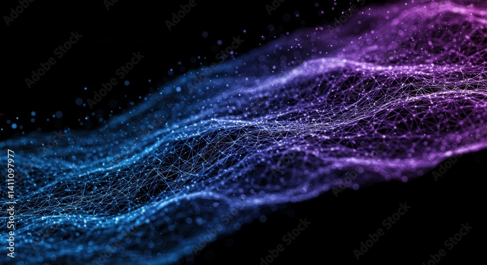Poster Abstract network data stream flowing with blue and purple glowing dots