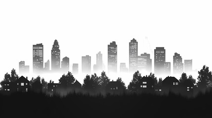 Fototapeta premium Modern Urban Landscape Black and White Skyline with Foggy Atmosphere and Trees in Foreground. Minimalist Art and Graphic Design Silhouette