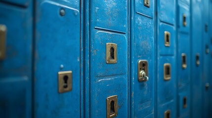 Vintage Blue Metal Lockers Close-Up, Close-up of a row of vintage blue metal lockers with locks
