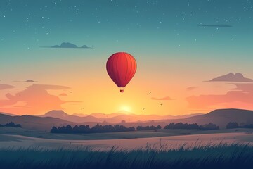 Fototapeta premium Scenic Hot Air Balloon Adventure Over Sunset Landscape. Tranquil Exploration in Vibrant Skies