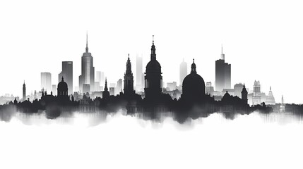 Fototapeta premium Silhouette Cityscape. Urban Skyline in Black and White Monochrome Art