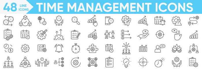 Time management icon set.manage time, planner, calendar, delegation, reminder, timer, deadlines,hand, set priorities, mission, values, human resource, time management more.Vector and illustrator set.