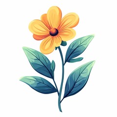 Vibrant Yellow Floral Bloom. Close-Up of a Detailed Botanical Illustration with Greenery and Bright Colors