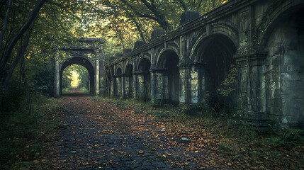 Ancient Stone Archway Tunnel Through Autumn Woods