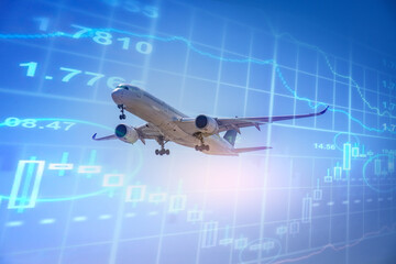 Commercial airplane soaring against a digital of financial data economic movement in industry...