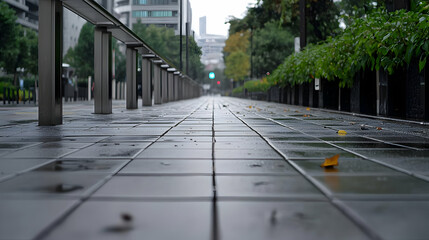 Rainy City Street Pathway Perspective