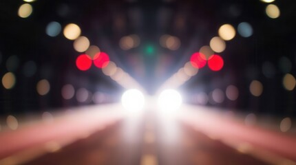 Blurred headlights and bokeh lights in a tunnel.