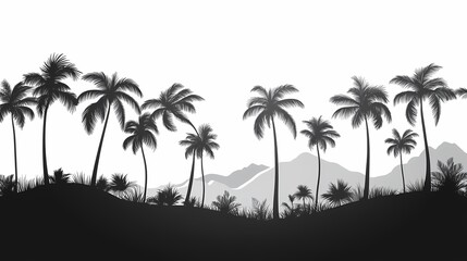 Obraz premium Tropical Palm Tree Silhouettes. Black and White Coastal Scenery and Mountain Landscape for Tranquil Travel Aesthetics