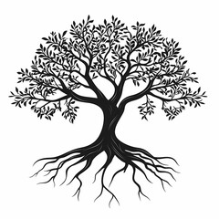 Black and White Tree Illustration Vector Art. Nature, Foliage, and Roots Silhouette for Botanical and Woodland Design