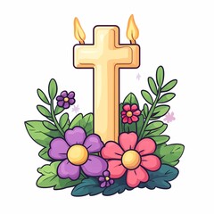 Colorful Religious Illustration of Cross with Flowers, Candle, and Nature Elements for Spiritual and Holy Celebration