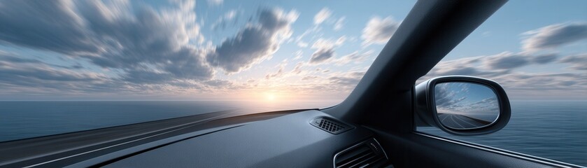 A panoramic view from a car, capturing a dramatic sunset over the ocean, with clouds reflecting the warm hues of the evening sky.