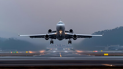 Naklejka premium Airplane Landing On Runway At Twilight