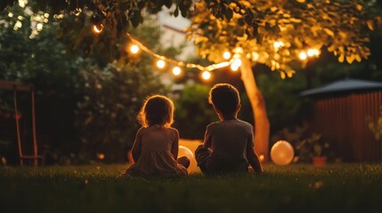 Fototapeta premium Children enjoying a serene evening under string lights