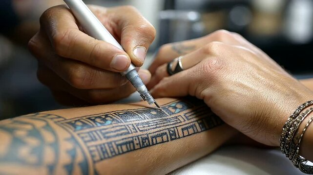 Polynesian tattoo artist blending luminous circuit designs