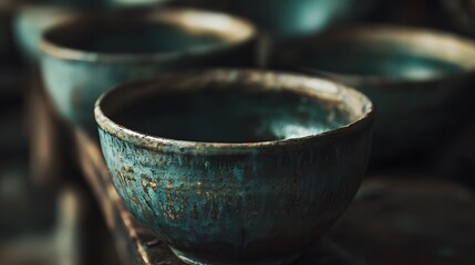 Teal Ceramic Bowls Rustic Pottery Still Life