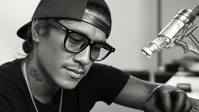 Polynesian Tattoo Artist Using Luminous Ink for Circuit Designs