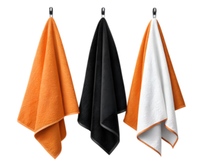 orange, black, and white microfiber cloths hanging isolated ona  white background png