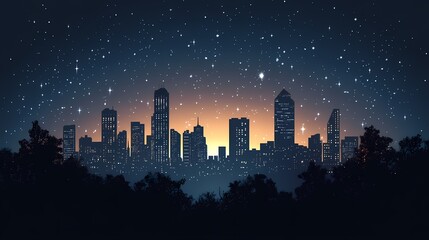 Fototapeta premium Starry Night City Skyline. Urban Landscape Blending Nature and Modern Architecture in a Serene Twilight Scene