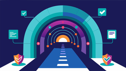 A visual representation of a virtual tunnel through which data flows protected and monitored by various security measures at every stage.. Vector illustration