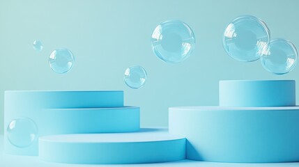 Floating bubbles above blue platform, pastel background, product display