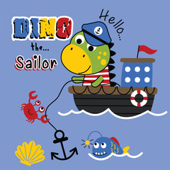Cartoon dinosaur dressed as sailor on boat fishing with crab anchor and colorful fish in playful children ocean adventure illustration. Children concept
