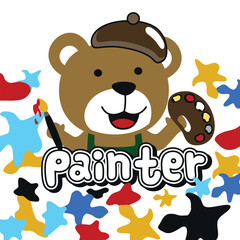 Cartoon bear wearing painter hat holding brush and palette surrounded by colorful splashes in cheerful children art illustration. Children concept
