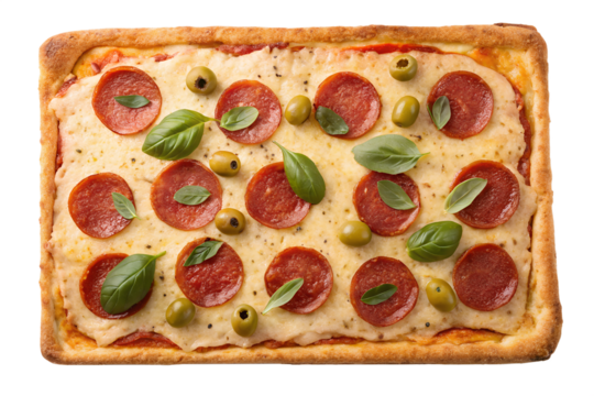 rectangle pizza with pepperoni olives and basil isolated on white background png