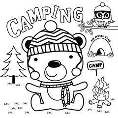 Black and white line art of bear camping with tent owl and campfire in outdoor kids activity drawing style. Children concept
