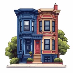 Fototapeta premium Colorful Urban Architecture. Victorian Duplex in a Picturesque Cityscape with Vibrant Colors and Modern Design