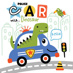 Cartoon dinosaur in a police car with 